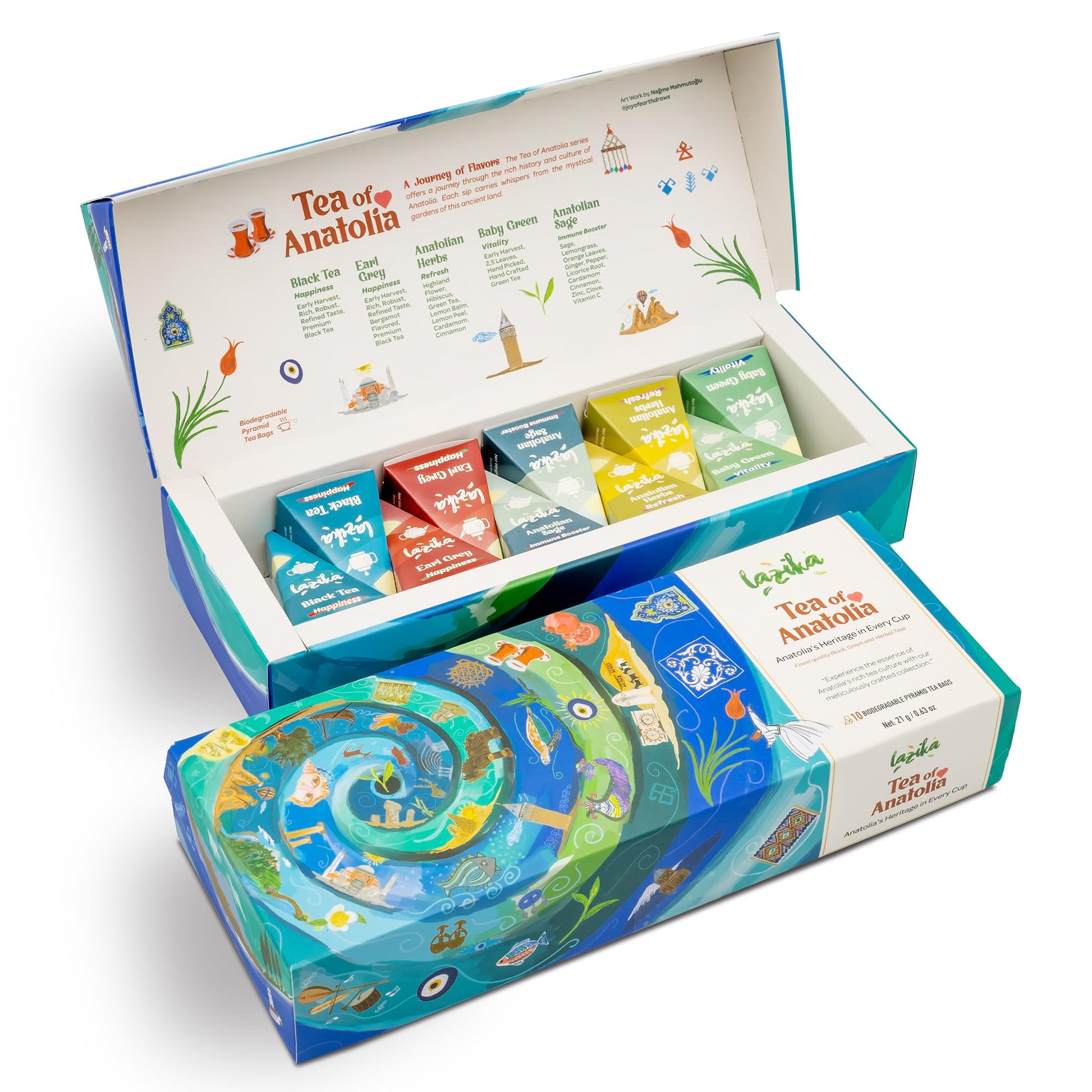 LAZIKA Tea Variety Pack - Black, Green, Herbal Tea Sampler Gift Set, 10 Count, Premium Collection with Pyramid Infuser Bag
