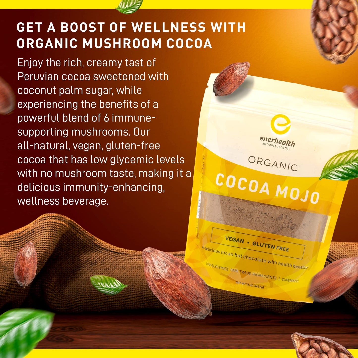 Enerhealth Botanicals Cocoa Mojo - Certified Organic Hot Chocolate Peruvian Cocoa Mix, Sweetened with Low Glycemic Coconut Palm