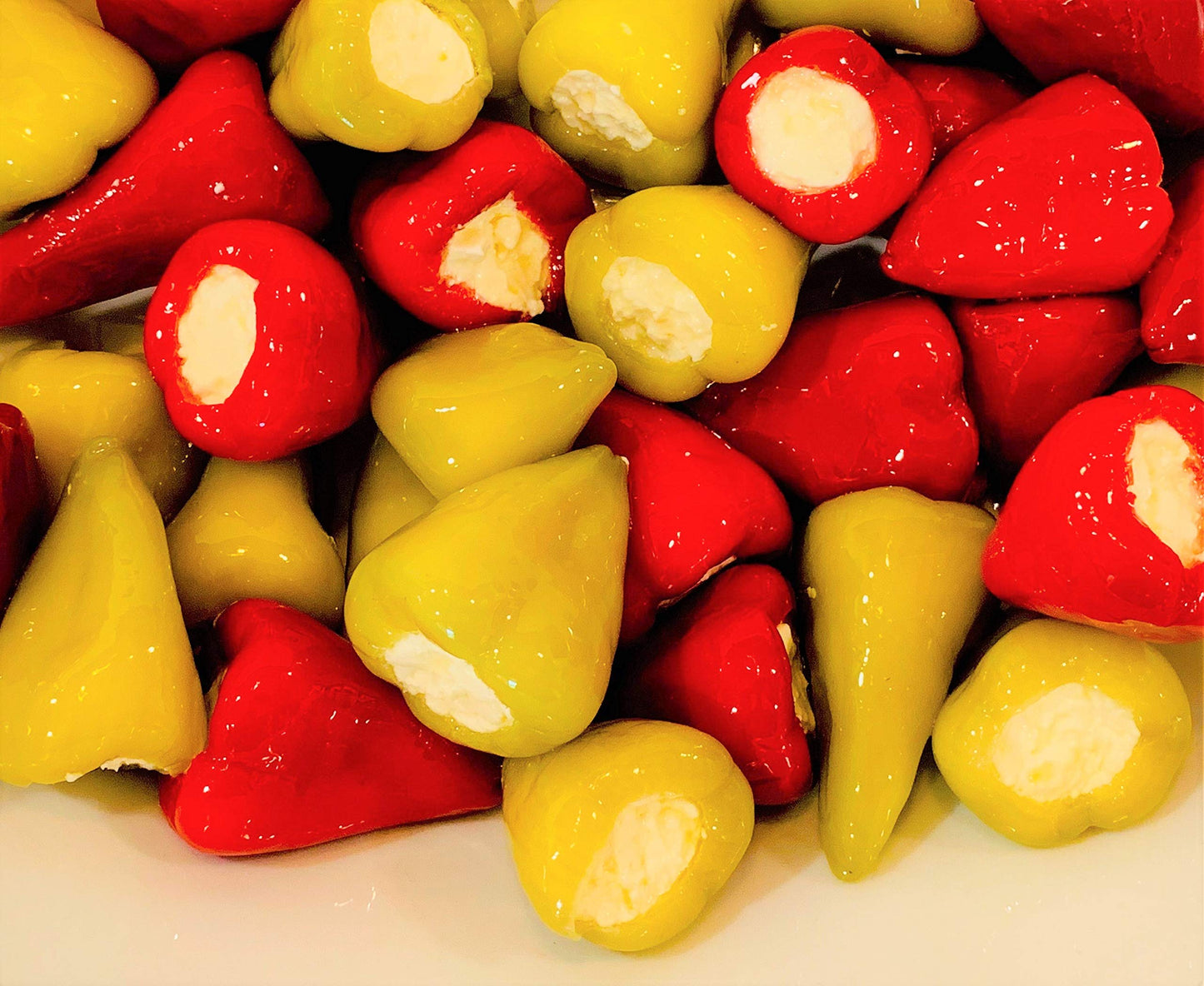 Greek Stuffed Peperoncini Duo - Greek Green And Red Peperoncini Stuffed With Cream Cheese And Feta 32.80Oz