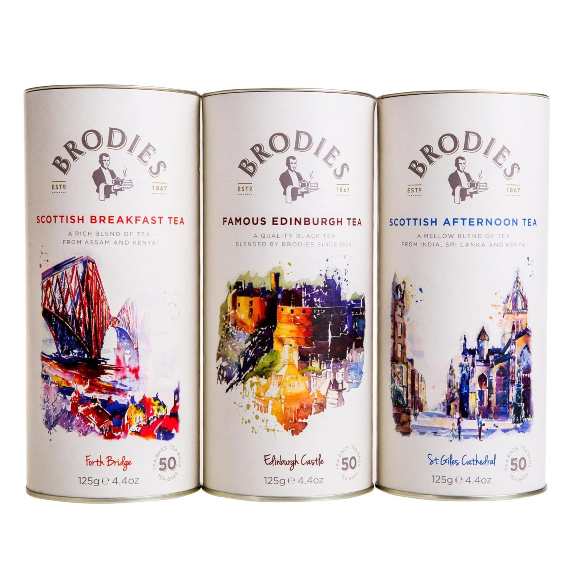Brodies Tea, Scottish Tea Sampler, Breakfast, Afternoon & Famous Edinburgh, Black Tea Imported from Scotland, Canister of 50 Bag