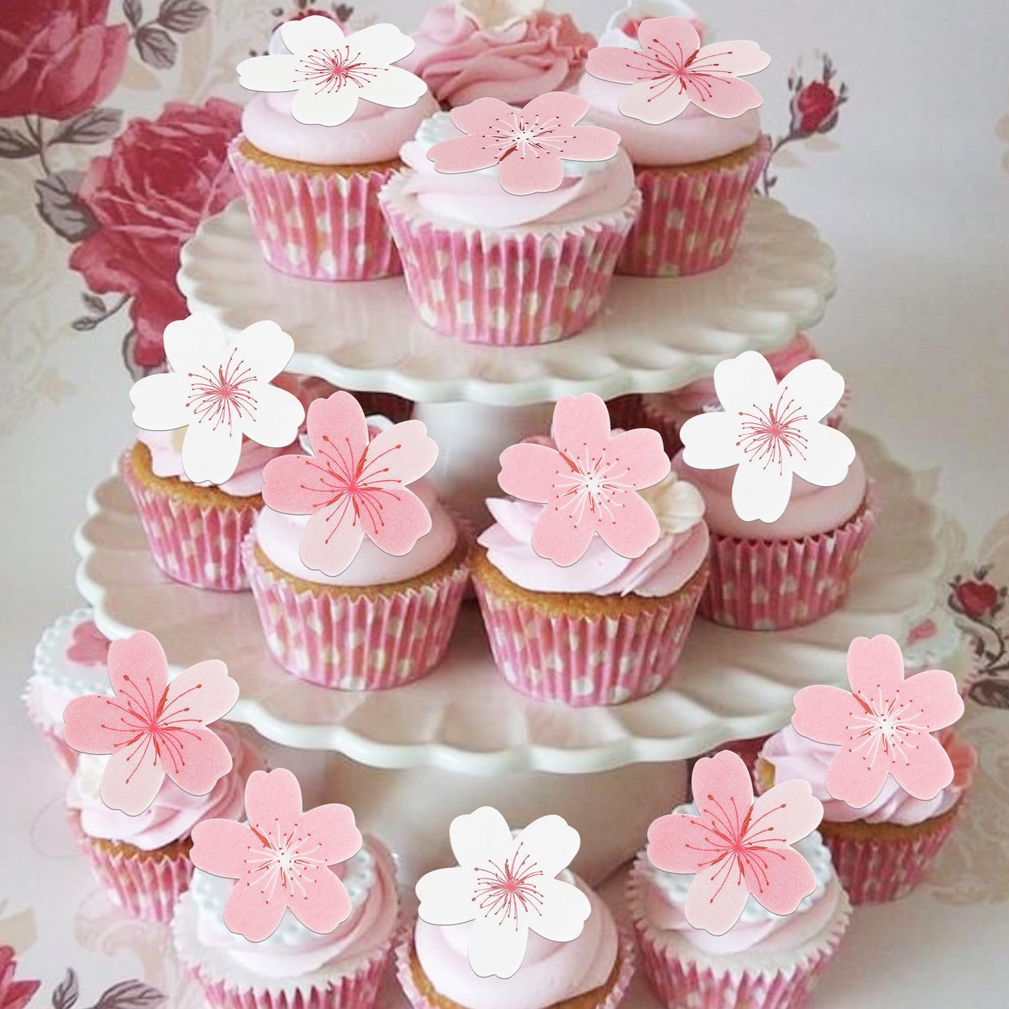 Rssta i Edible Cherry Blossoms Cupcake Toppers 60 Pack - Design 12 for Baby Shower, Wedding, Birthday Party Decorations