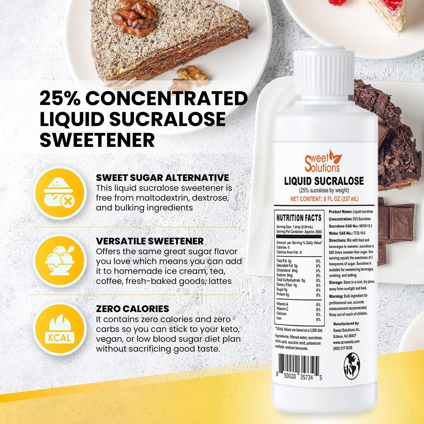 Concentrated Liquid Sucralose Sweetener, 25% Concentrated Sugar Alternative, 8 oz. Bulk for Drinks, Food, and Pastries, Zero Cal