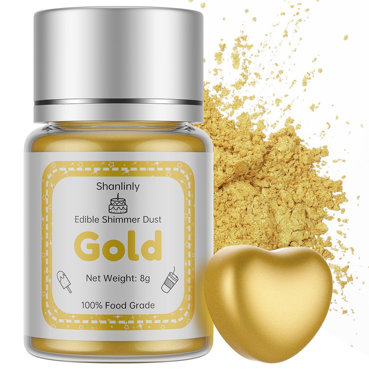 Shanlinly Gold Luster Dust Edible Shimmer Powder, 8g Food Grade for Cake Decoration and Desserts