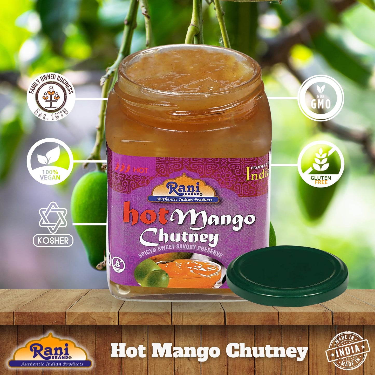 Rani Hot Mango Chutney (Spicy Indian Preserve) 12.5Oz (350G) Glass Jar, Ready To Eat, Vegan, Pack Of 5+1 Free ~ Gluten Free, All