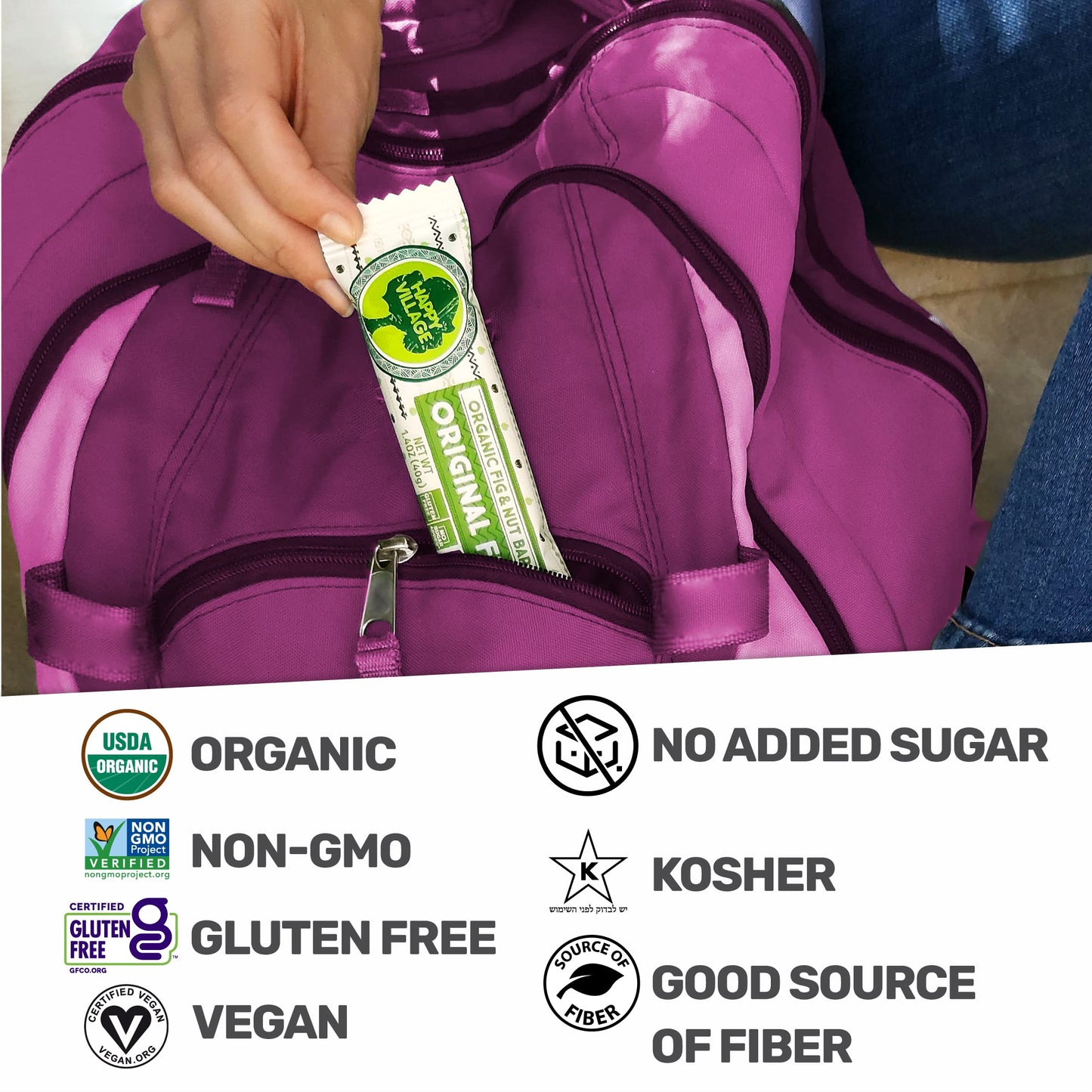 Happy Village Organic Fig & Nut Bar, Original Fig | Only 2 Ingredients, Gluten Free, No Added Sugar, Kosher, Non-Gmo, Vegan, Good Source Of Fiber | Organic Healthy Snack Bars (16 Bars, 1.4 Oz Each)