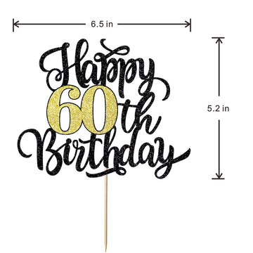 Leetaivie Happy 60Th Birthday Cake Topper, Black Gold Glitter Birthday Cake Topper, 60Th Anniversary/ 60Th Birthday Party Decora