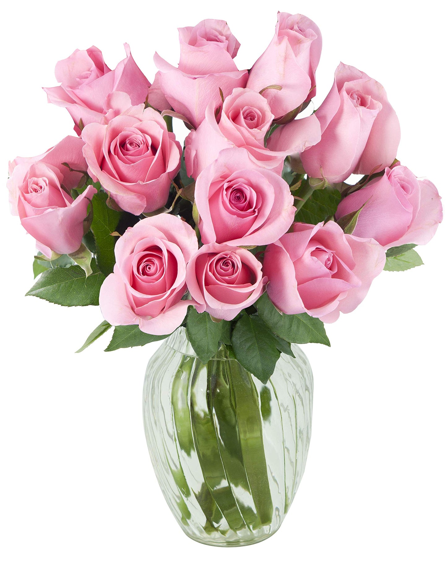KaBloom Fresh Pink Roses Bouquet - 12 Long-Stem Flowers with Vase - Mothers Day Gift, Model KADF1390-V118-A999