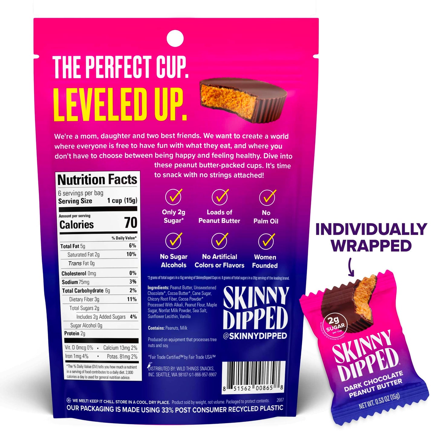 SkinnyDipped Dark Chocolate Peanut Butter Cups, 2g Sugar per Cup, Keto Friendly, Low Carb, Gluten Free, 3.2oz, 4 Pack (24 Cups T