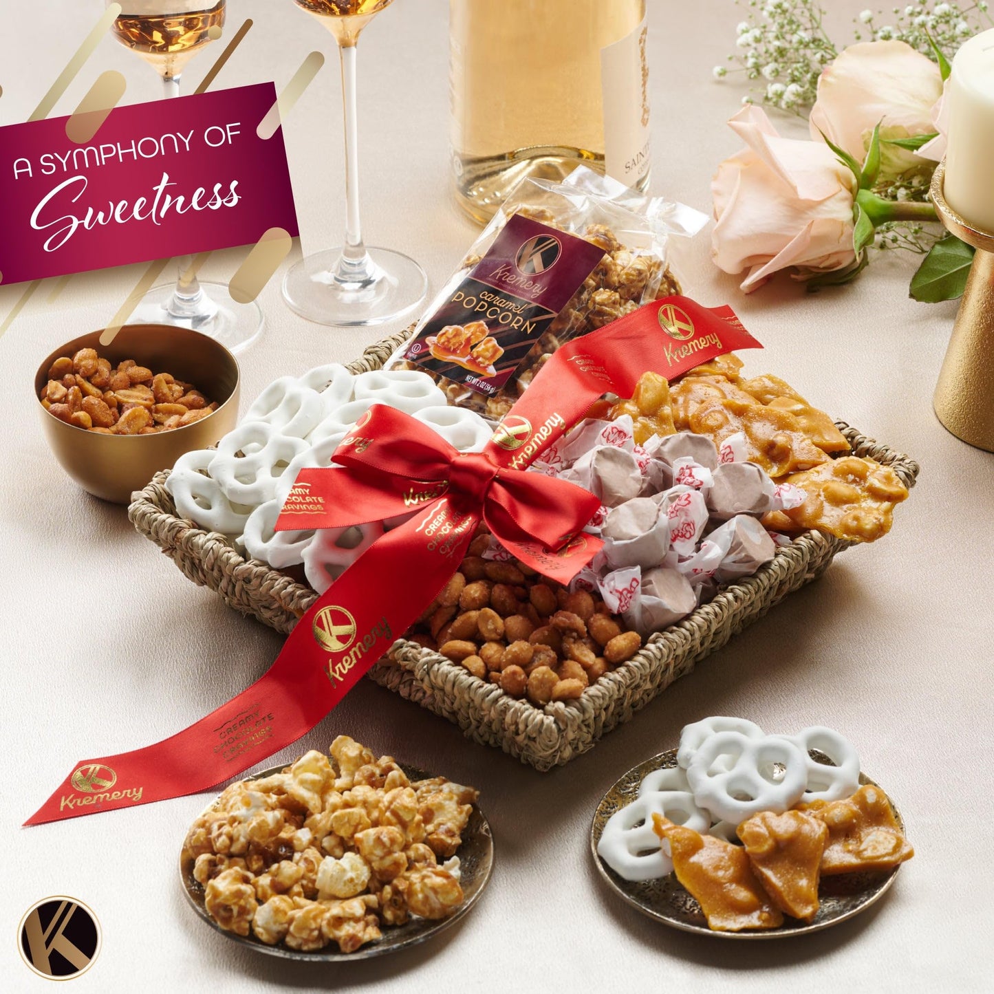 Kremery Creamy Chocolate Cravings - Fathers Day, Chocolate Covered Pretzels & Caramel Popcorn Gift Basket, In Seagrass Tray + Ri