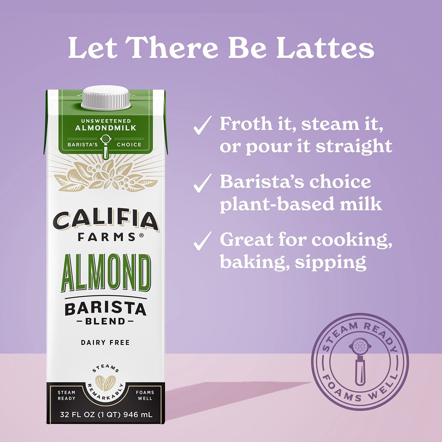 Califia Farms - Unsweetened Almond Barista Blend Almond Milk, 32 Oz (Pack Of 6), Shelf Stable, Dairy Free, Plant Based, Vegan, G