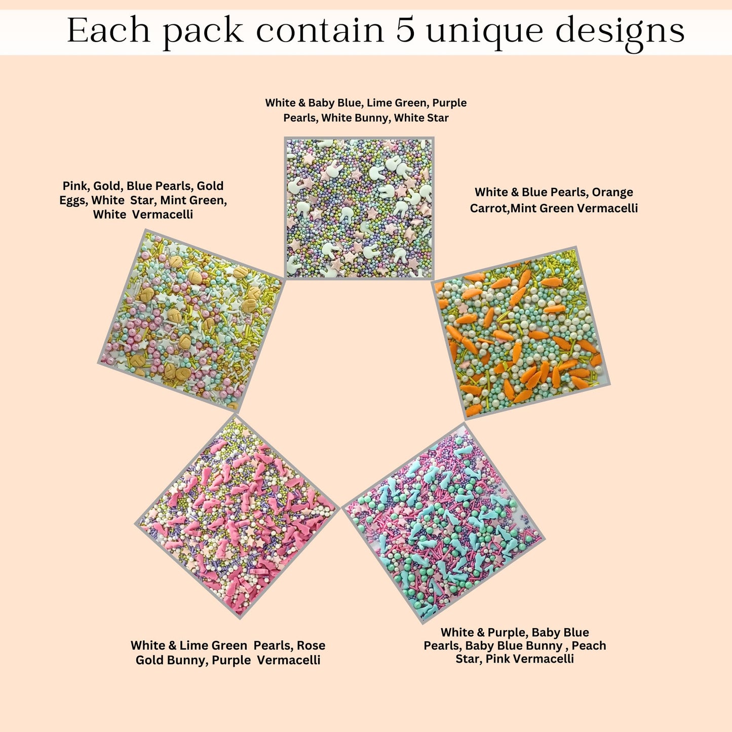 Confect Spring Sprinkle Mix - 5-Pack Bunny-Themed Edible Sprinkles | Pink, White & Blue With Stars, Pearls & Vermicelli | Perfec