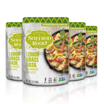 Saffron Road Lemongrass Basil Simmer Sauce – Thai Curry Sauce, Stir Fry & Marinade, No Artificial Flavors, Colors, Or Preservatives, Non-Gmo, Gluten-Free, Halal, Kosher, Vegan (7 Oz, Pack Of 4)