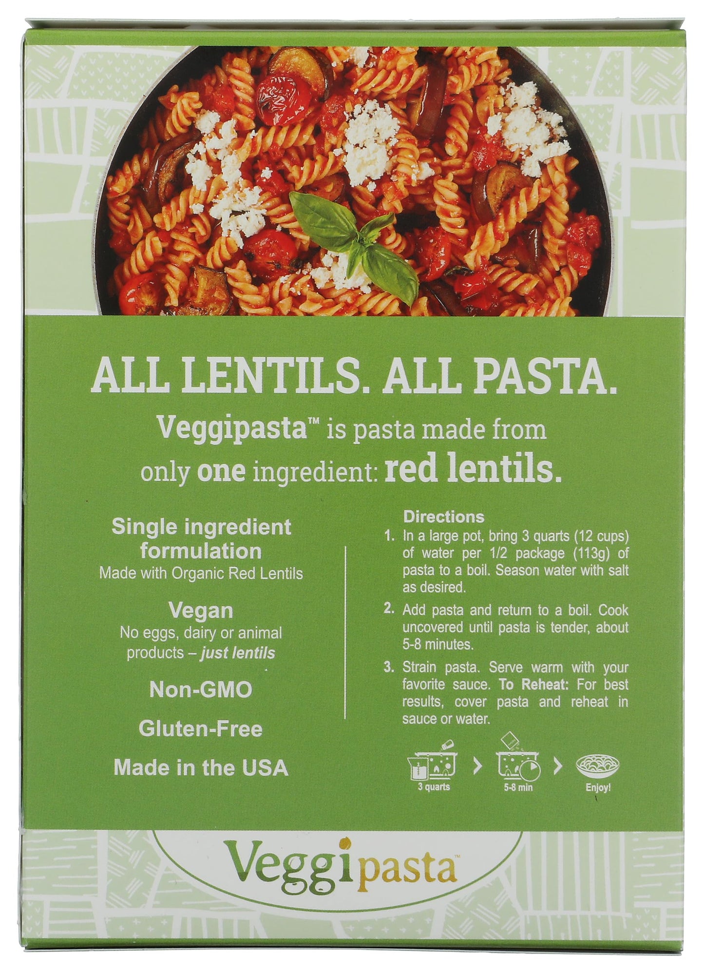 Veggipasta Organic Red Lentil Rotini Pasta - 8 Oz, Gluten-Free, High Protein, Vegan