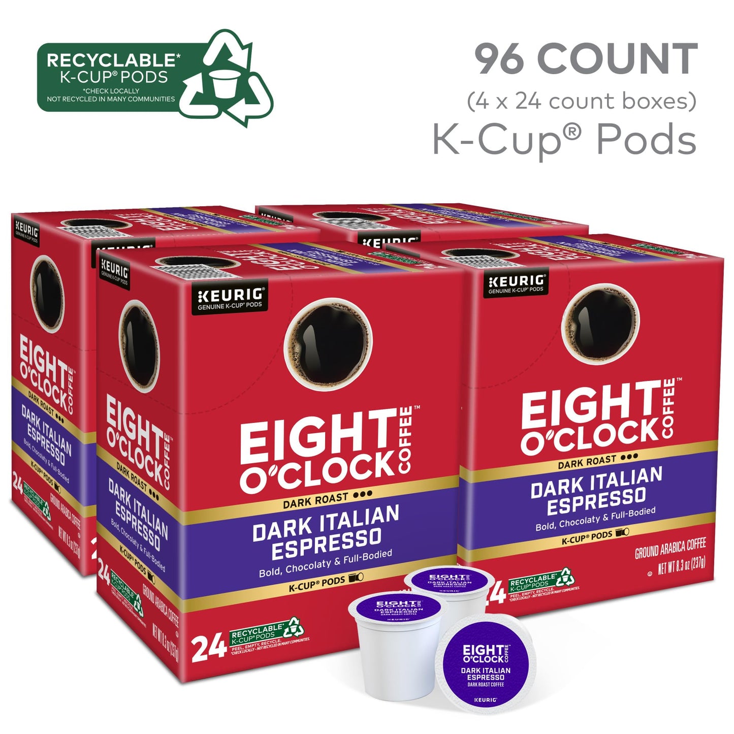 Eight O Clock Coffee Dark Italian Roast Single-Serve Keurig K-Cup Pods, Medium Roast Coffee Pods, 96 Count
