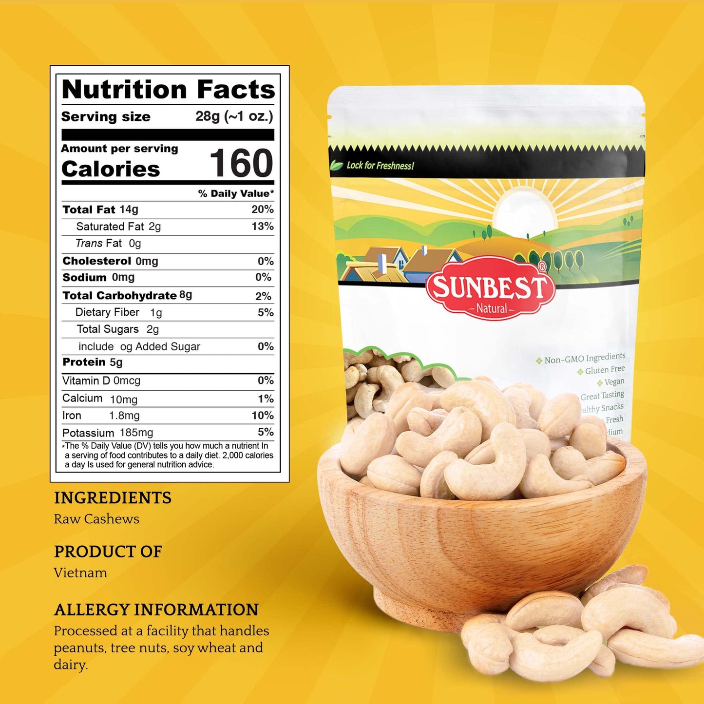 Sunbest Natural - Whole Raw Cashew, Unroasted & Unsalted Cashews For Cooking, Baking, & Toppings, On-The-Go Vegan Snack, Non-Gmo Cashew Nuts Bulk In Resealable Bag, 3 Lbs
