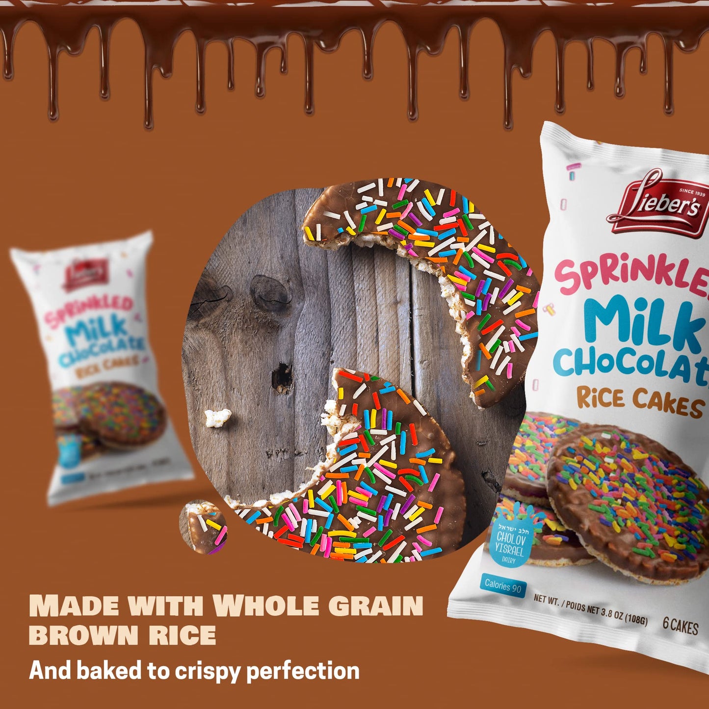 Liebers Sprinkled Topped Milk Chocolate Rice Cakes, Kosher Certified Dairy, Gluten Free Snack (Pack Of 3)