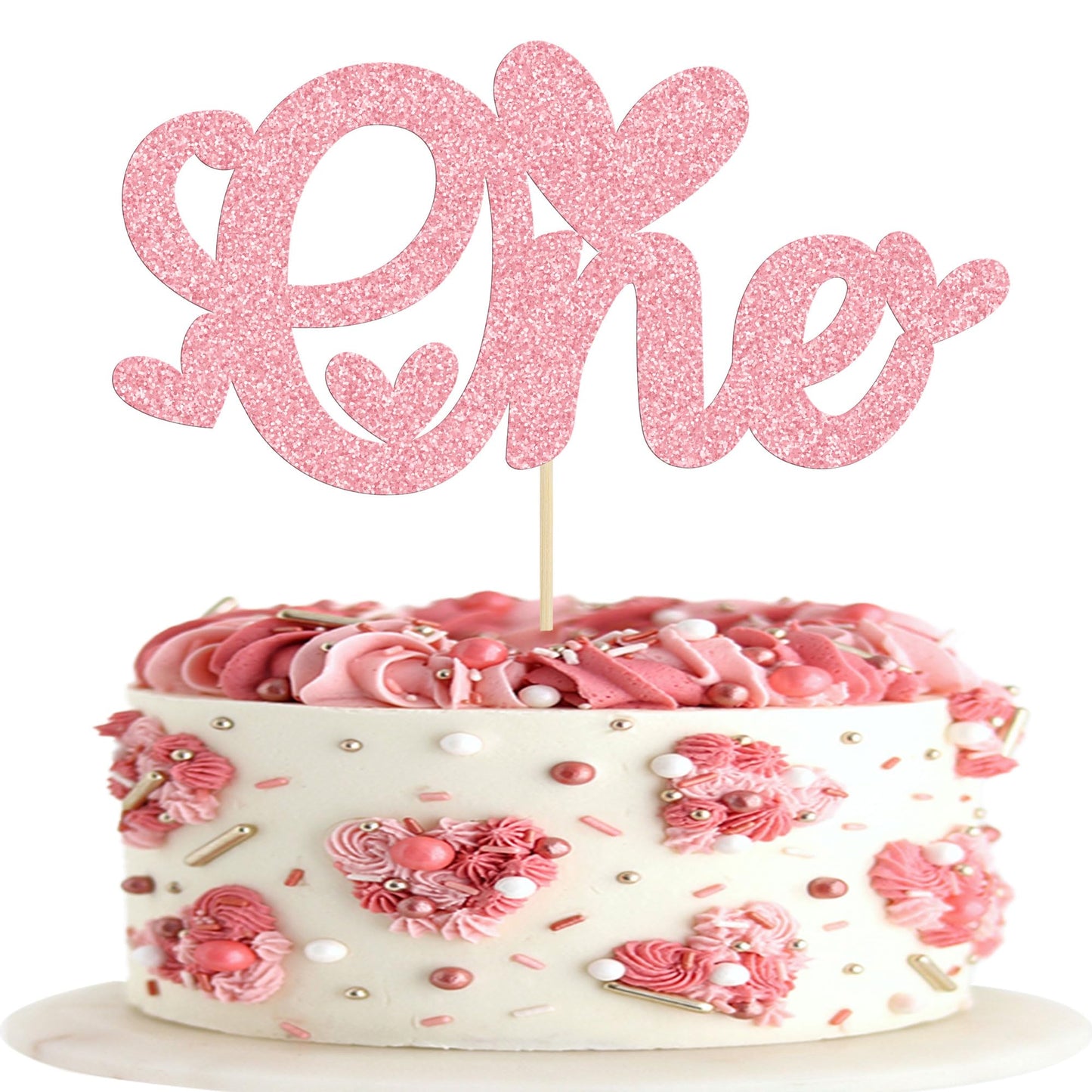Gyufise Cake Topper Glitter Love Heart for Valentines Day, Baby Shower, Kids 1st Birthday, Pink, Model ZN0579-4-P