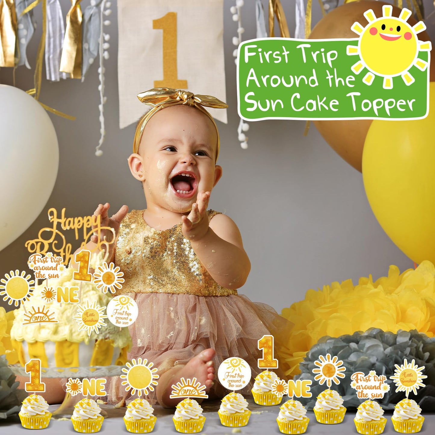 Weecent 48 Pcs First Trip Around The Sun Cake Topper, Sunshine Cupcake Toppers Sun Cupcake Toppers 1St Birthday Decorations For