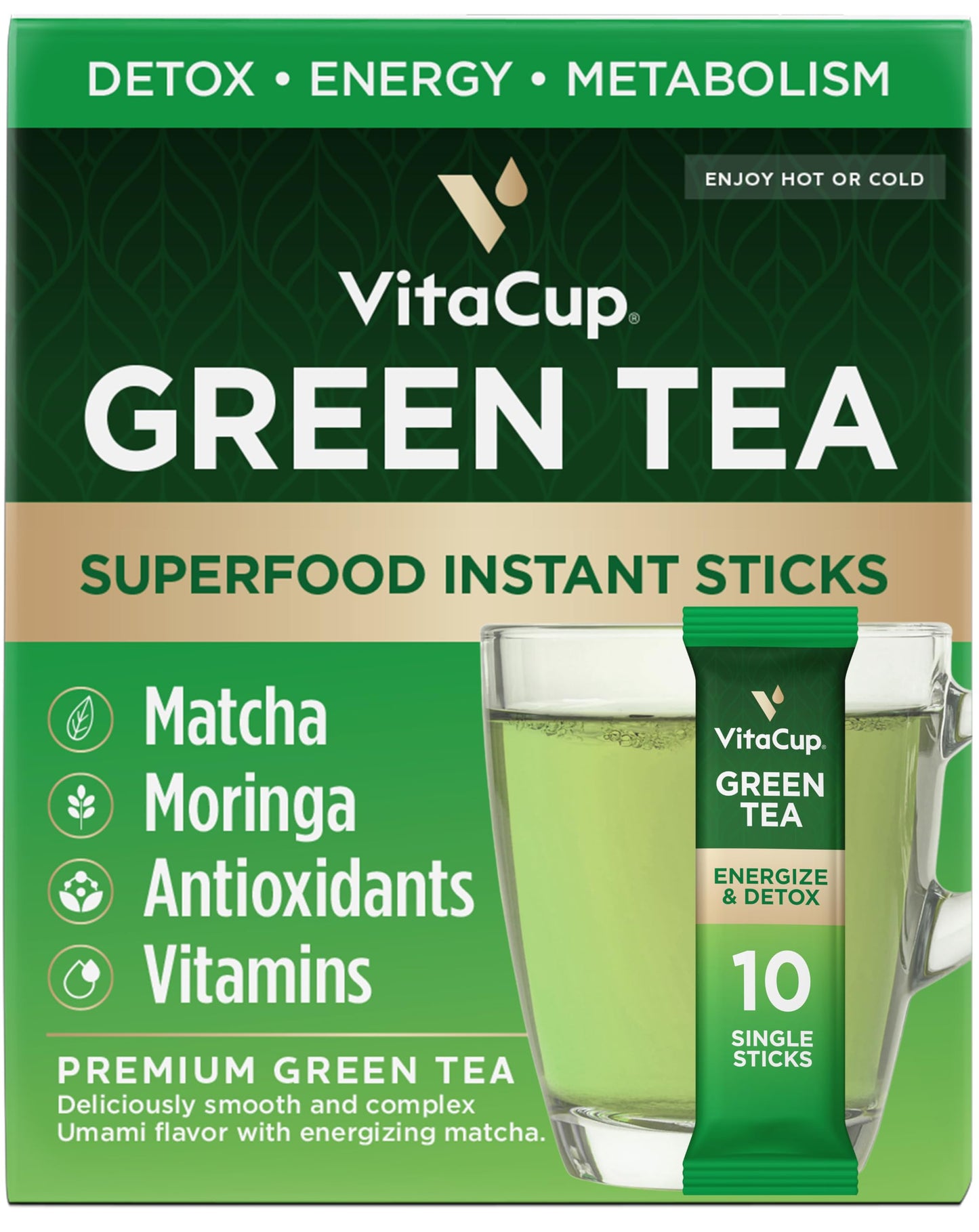 VitaCup Green Tea Instant Packets with Matcha, Moringa, B Vitamins, 10 Count, Vegan, Keto, Paleo