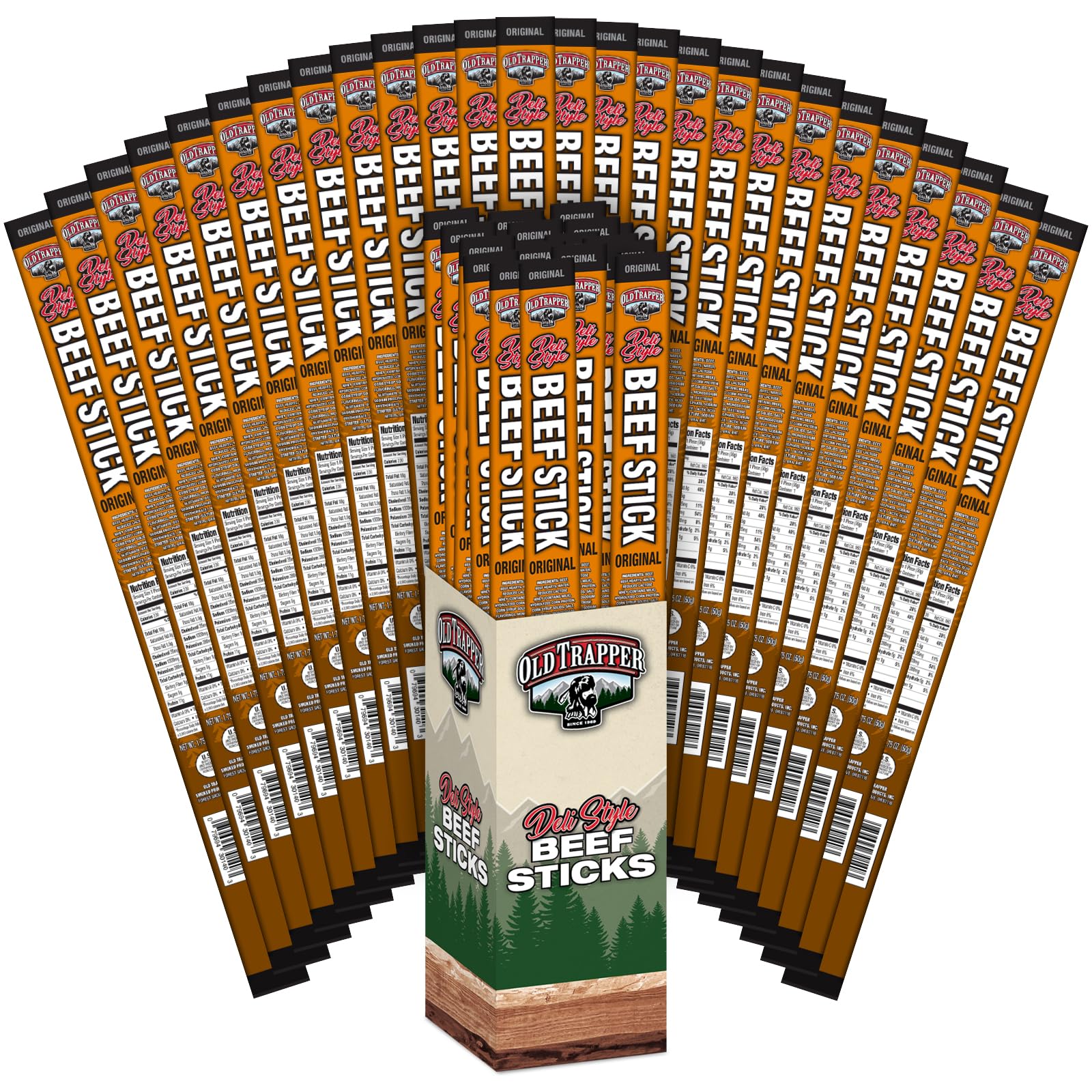 Oid Trapper Original Deli-Style Beef Sticks, 1.75-Ounce Individually Wrapped Packages, 11 Grams Of Protein And Zero Grams Of Sug