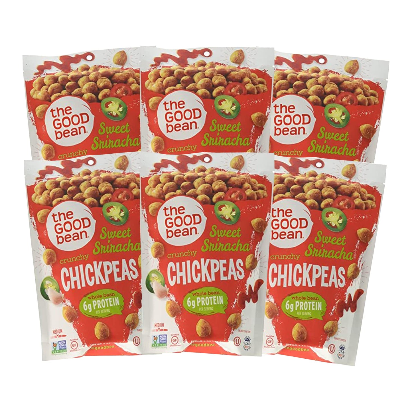 The Good Bean Crunchy Chickpeas - Sweet Sriracha - (6 Pack) 6 Oz Packet - Roasted Chickpea Beans - Vegan Snack With Good Source
