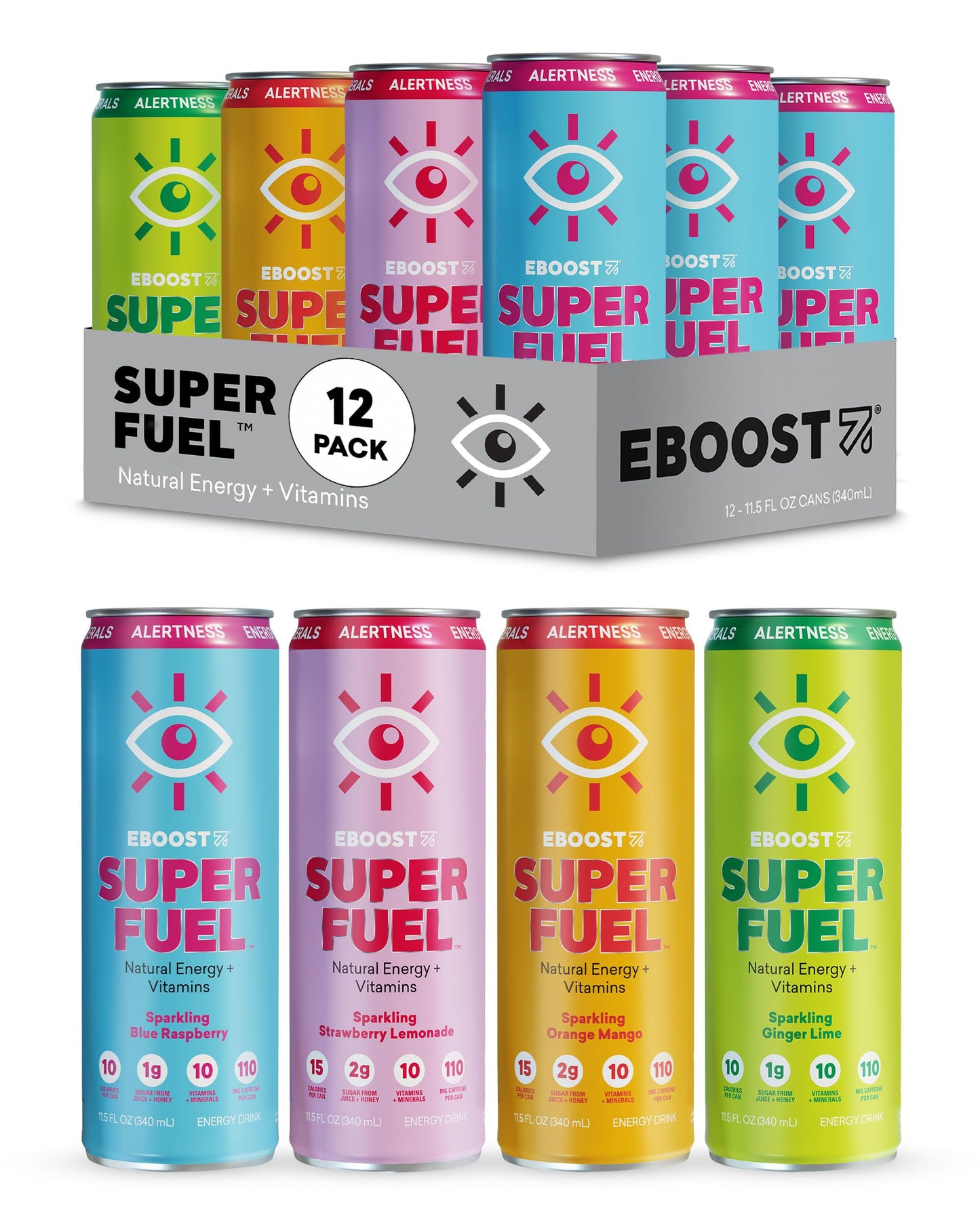 EBOOST Super Fuel Natural Energy Drink - Variety Pack  12 Pack - 3 x Orange Mango  Strawberry Lemonade  Ginger Lime  and Blue Raspberry - Natural Caffeine from Coffee and Green Tea