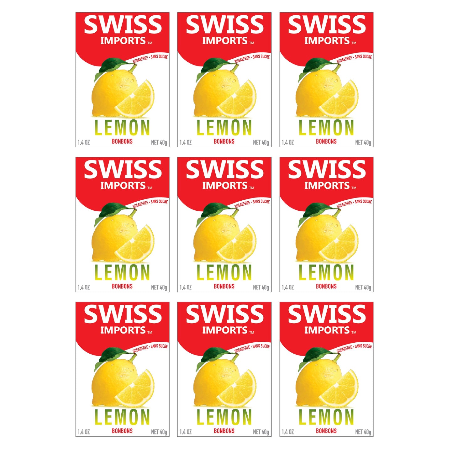 Swiss Imports Sugar Free Bonbons Hard Candy Drops, Lemon, 1.4 Oz/ 40G Box, 9 Pack
