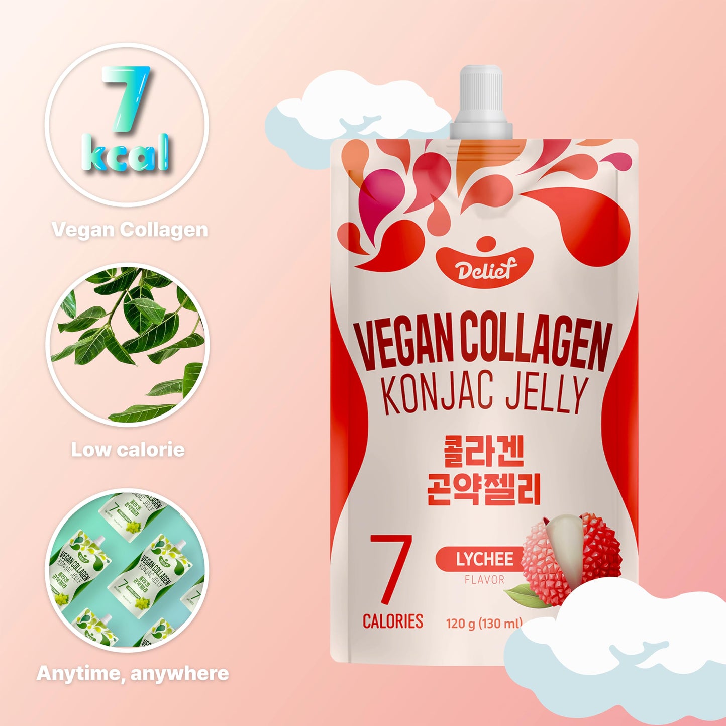 DELIEF Vegan Collagen Konjac Jelly (Lychee Flavor) 120g x 10 Packs - Low-Calorie Fruit Gel Snack, Gluten-Free, Plant-Based, 7 kc