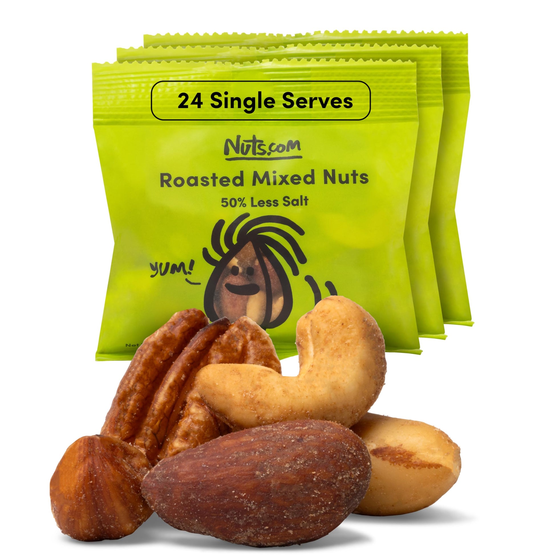 Nuts.com Roasted Mixed Nuts (50% Less Salt) - 24 Single Serve Snack Packs - Almonds  Cashews  Pecans  Brazil Nuts  Hazelnuts - Gluten-Free  Kosher  No Peanuts - Healthy Low Sodium Protein Snack