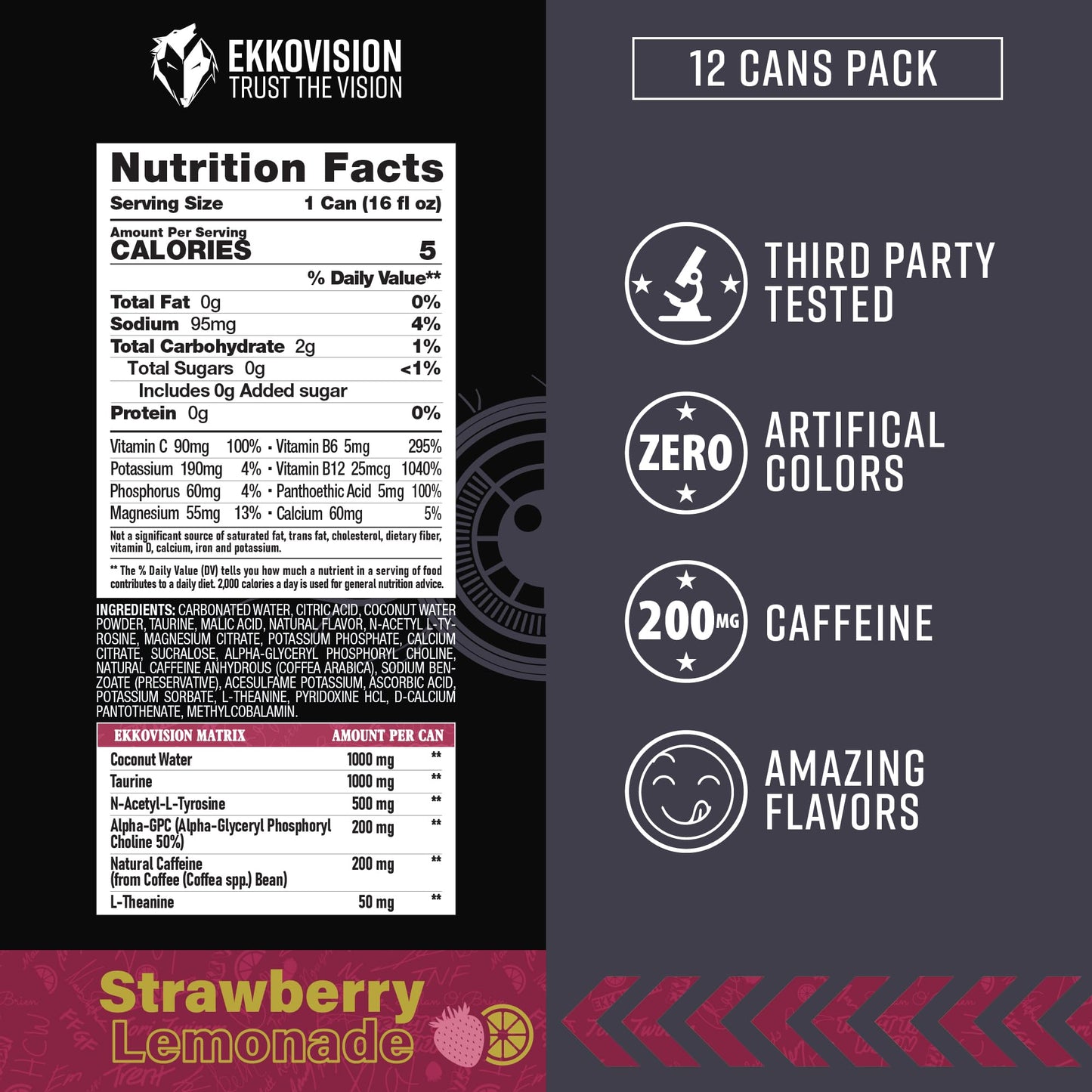 Ekkovision Energy Drink Variety Pack, 200 MG Natural Caffeine, 16 Fl Oz Can, 12 Pack