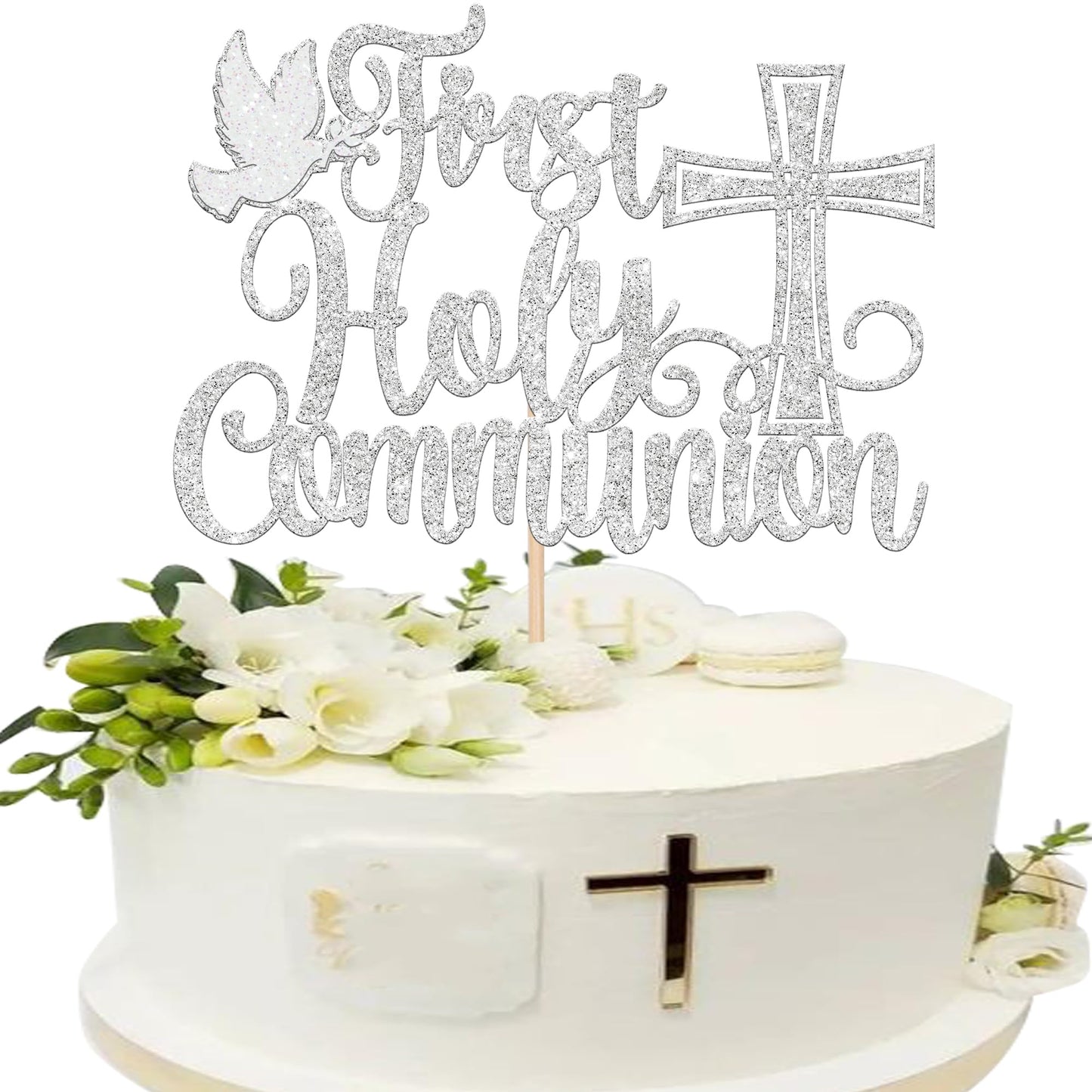 YCTHUNFISH Cake Topper Glitter Cross Religious Pigeon Decorations for Baptism, Baby Shower, 1st Birthday, Silver, Paper