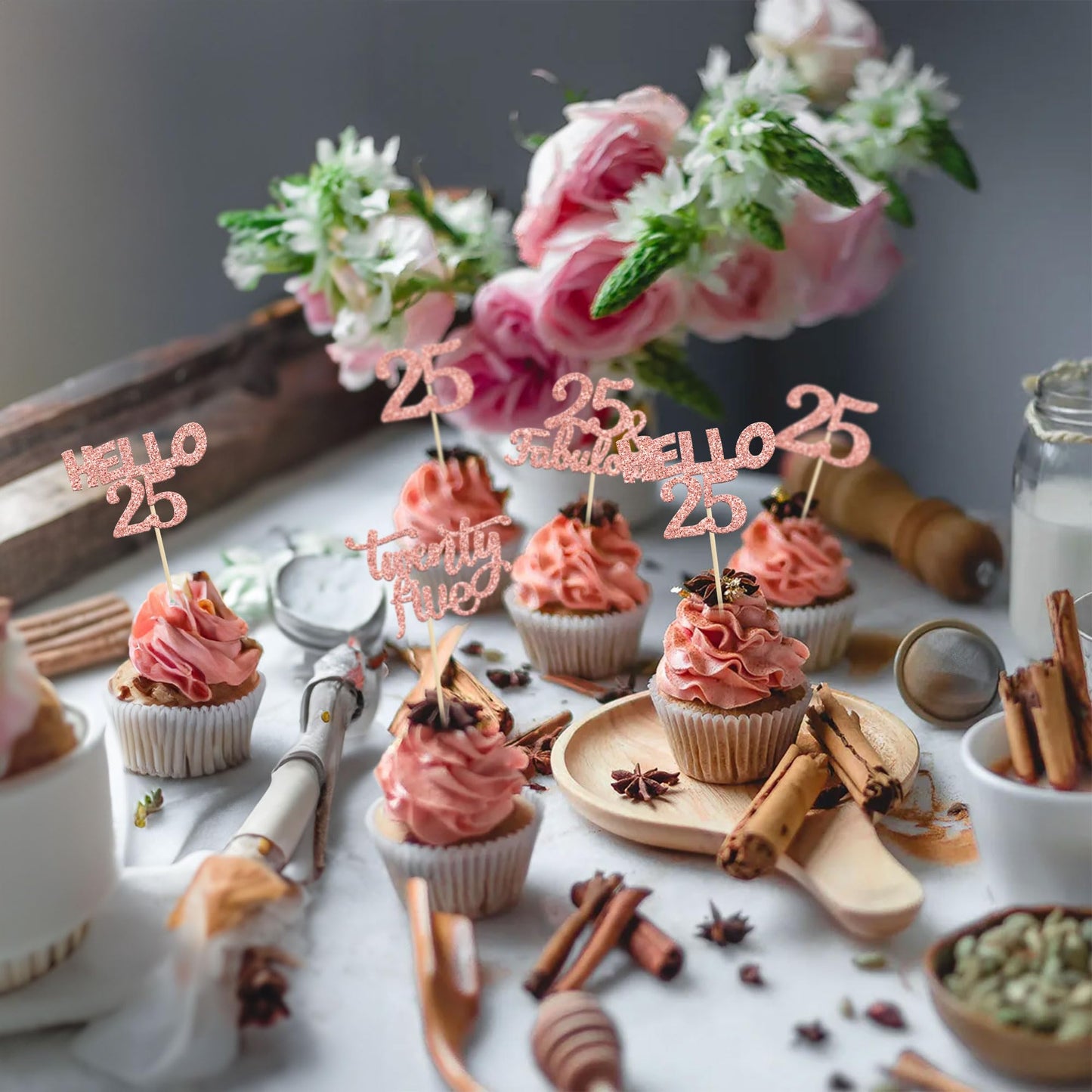 Gyufise 24Pcs Rose Gold Glitter 25Th Birthday Cupcake Toppers 25 Fabulous Cupcake Picks Hello 25 Twenty Five Cupcake Picks For 2