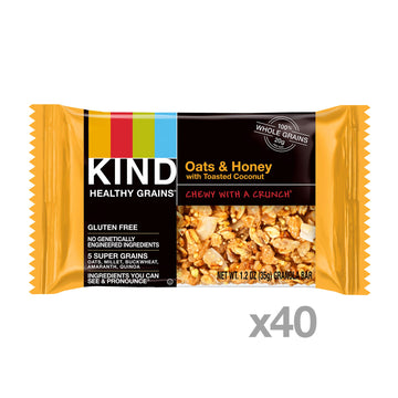 Kind Healthy Grains Oats & Honey With Toasted Coconut Bars, Gluten Free Snacks, 1.2 Oz Bars (40 Count)