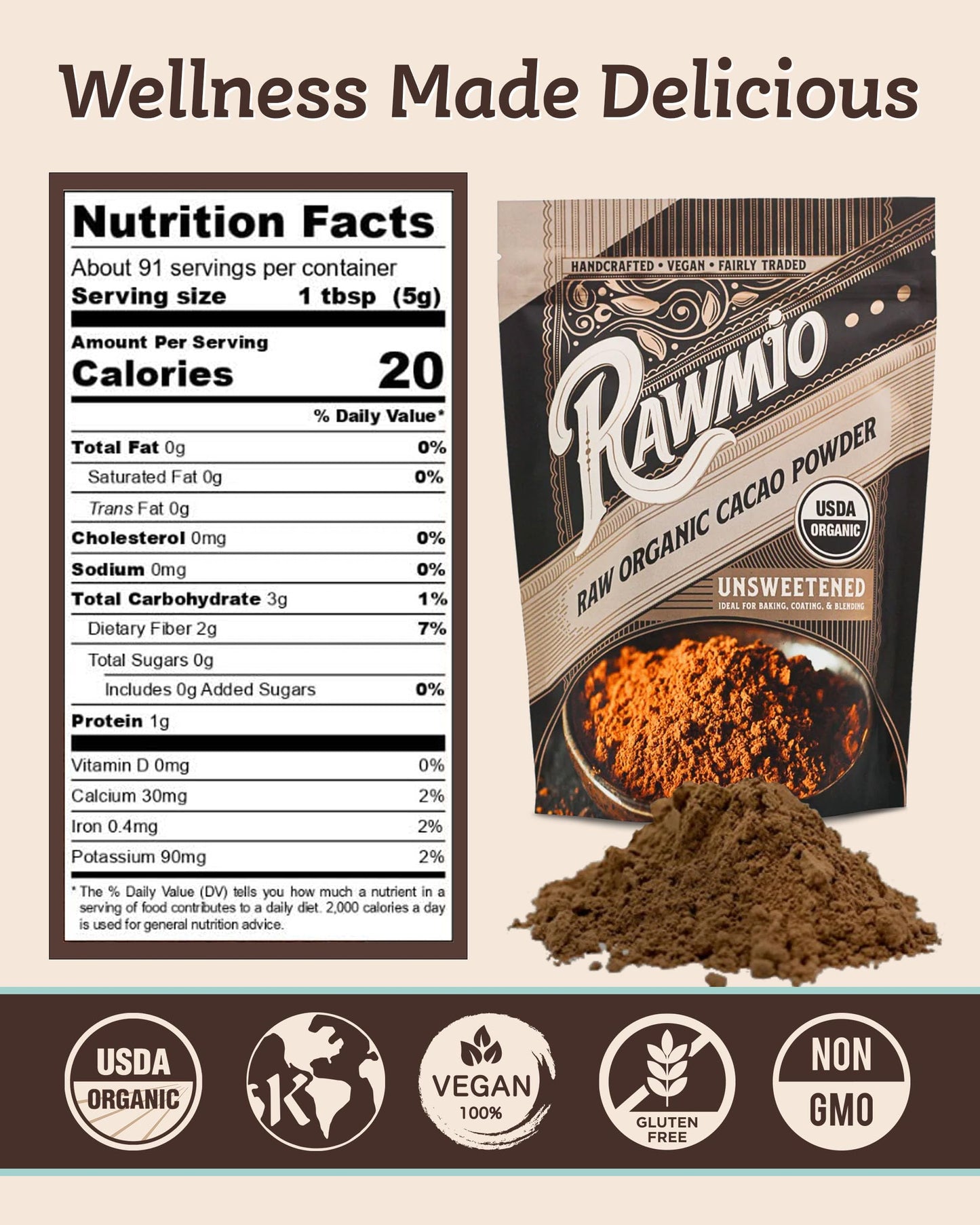 Rawmio Raw Organic Cacao Powder, 16 oz - Nutrient-Dense, Rich & Creamy Cocoa Alternative for Drinking or Baking, High in Fiber, Iron & Calcium