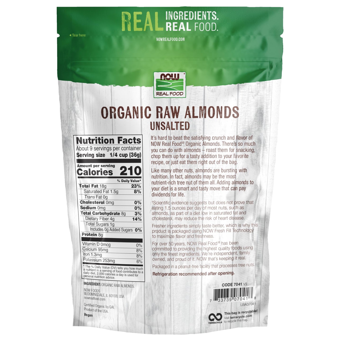 NOW Foods, Certified Organic Almonds, Raw and Unsalted, Good Source of Protein and Fiber, Grown in the USA, Certified Non-GMO, 1
