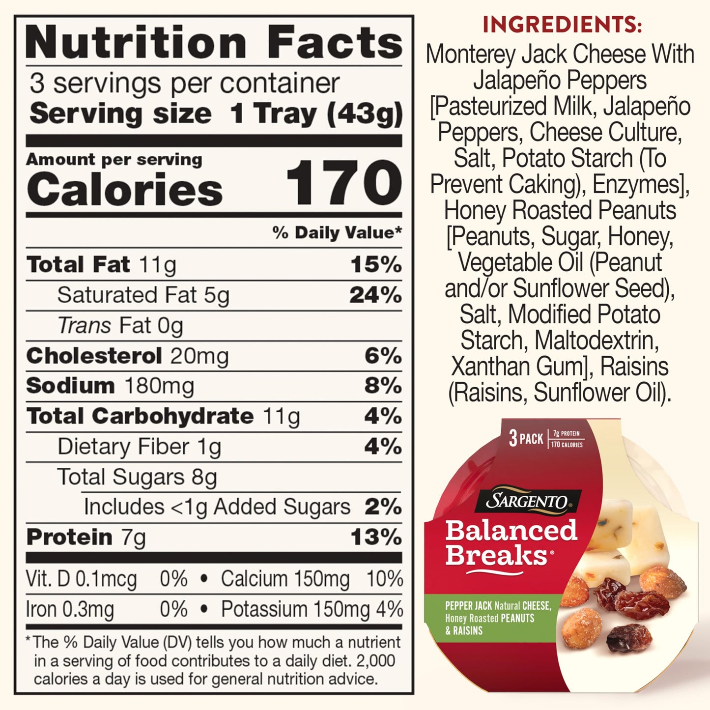 Sargento Balanced Breaks Natural Pepper Jack Cheese, Honey Roasted Peanuts and Raisins Snack Kit, 3-Pack