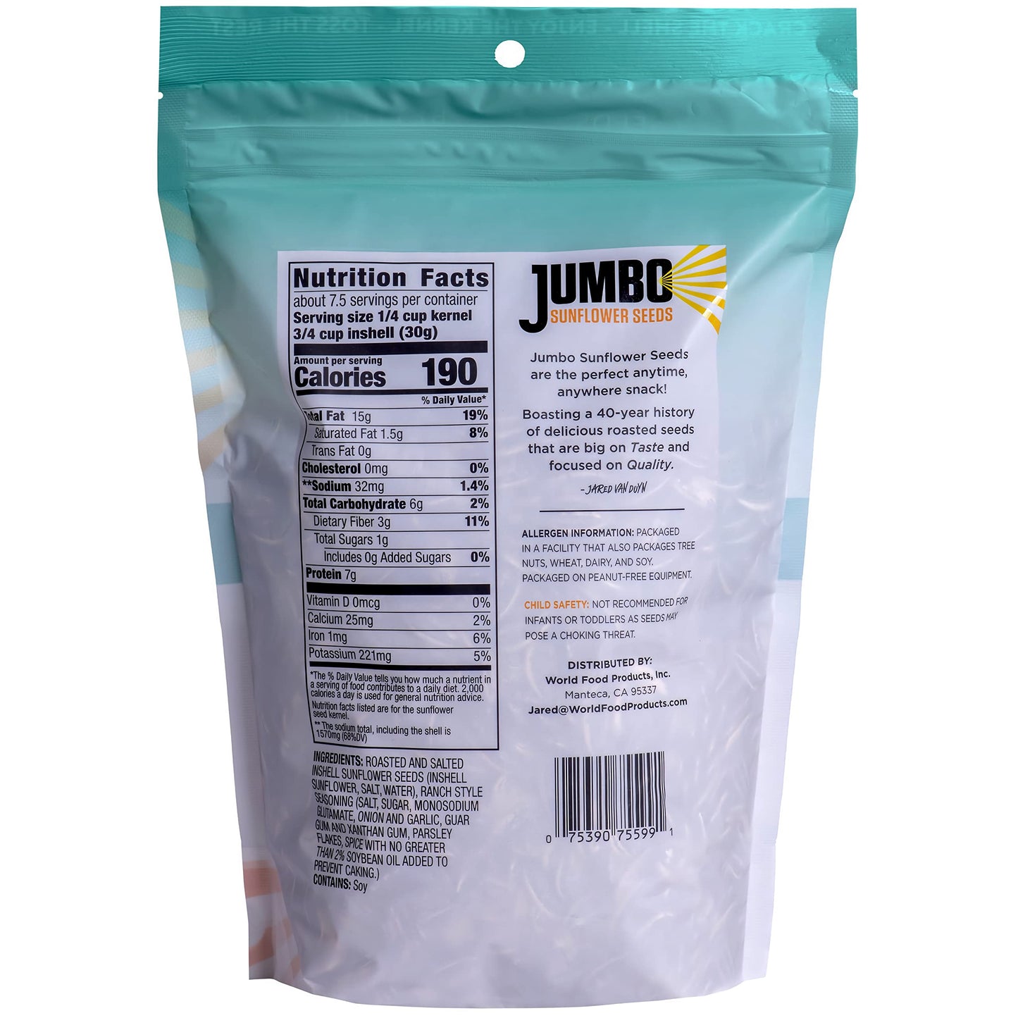 JUMBO SUNFLOWER SEEDS Ranch Flavor, 16-Ounce Pack of 6, 1 Pound Total