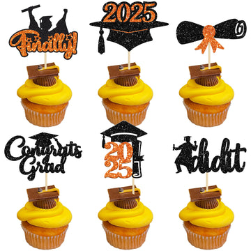 Gyufise 24Pcs 2025 Graduation Cupcake Toppers Orange Glitter Congrats Class of 2025 Finally I Did it Diploma Grad Cap Cupcake Pi