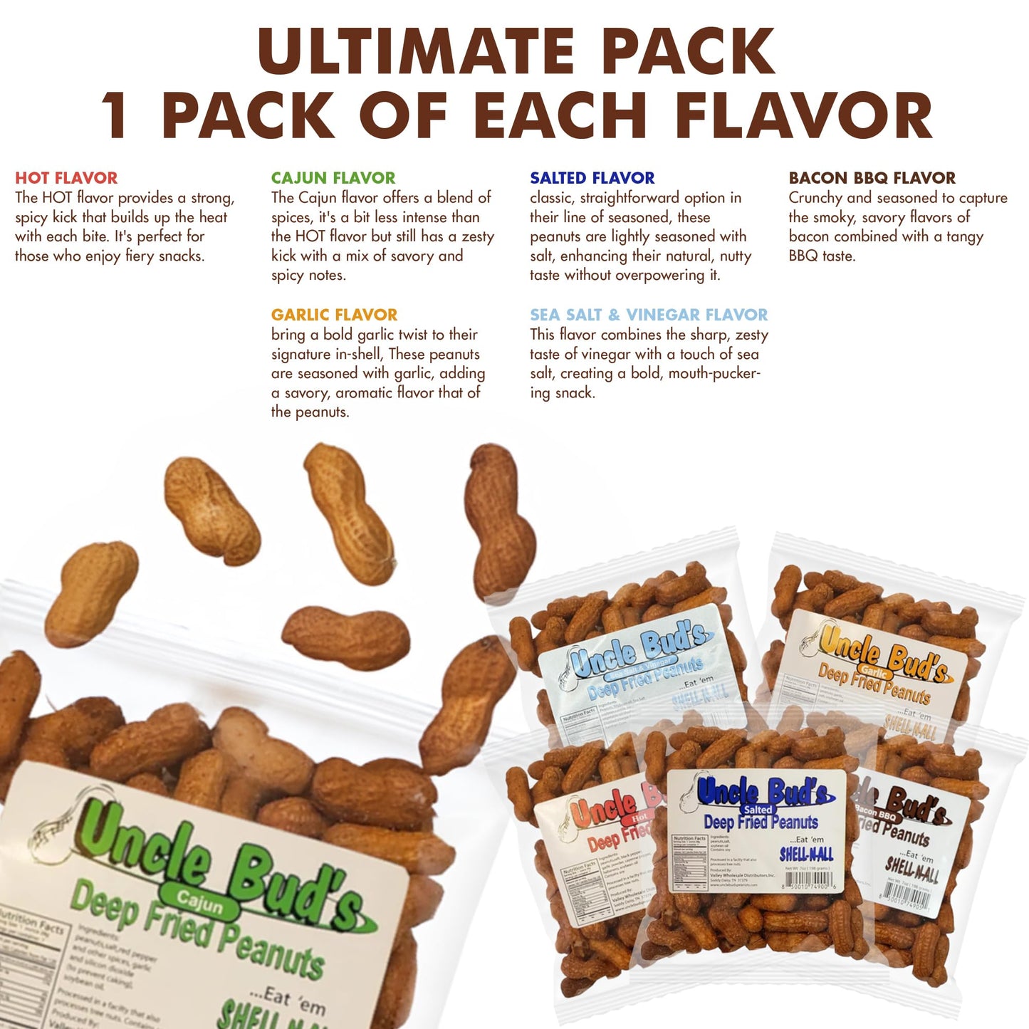 Jerky-n-Spice Uncle Buds Deep Fried Peanuts in Shell, Flavored Mixed Nuts, 42 Ounce, Includes Cajun, Salt & Vinegar, Spicy Peanuts