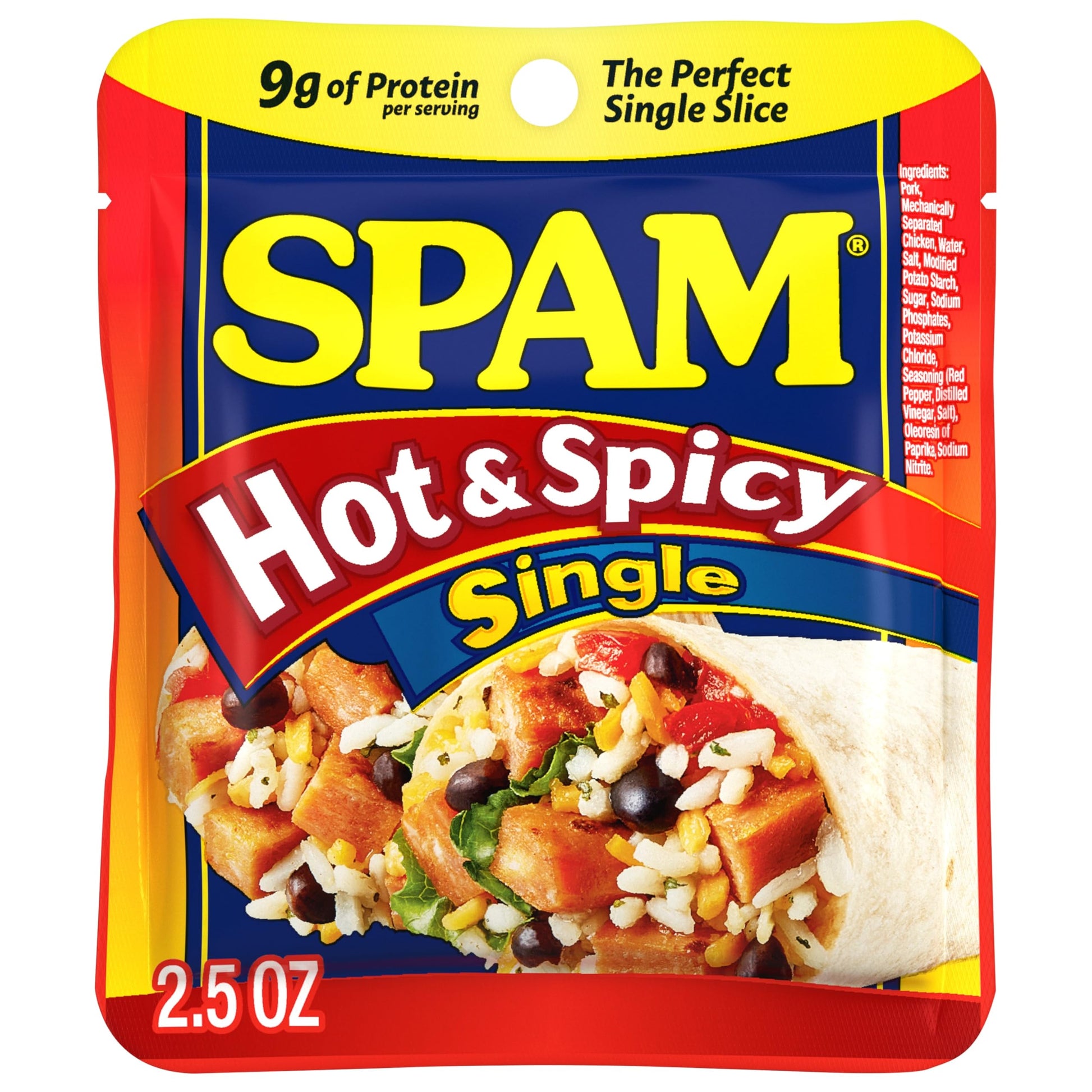 SPAM Single Hot & Spicy 2.5oz Individual Pouch (Pack of 12) Fully Cooked Pork and Ham  9g of Protein  0g Trans Fat  Low Carb  Keto-Friendly  Gluten Free  Easy Open  Perfect for Sandwiches & Breakfast
