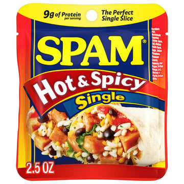 SPAM Single Hot & Spicy 2.5oz Individual Pouch (Pack of 12) Fully Cooked Pork and Ham  9g of Protein  0g Trans Fat  Low Carb  Keto-Friendly  Gluten Free  Easy Open  Perfect for Sandwiches & Breakfast