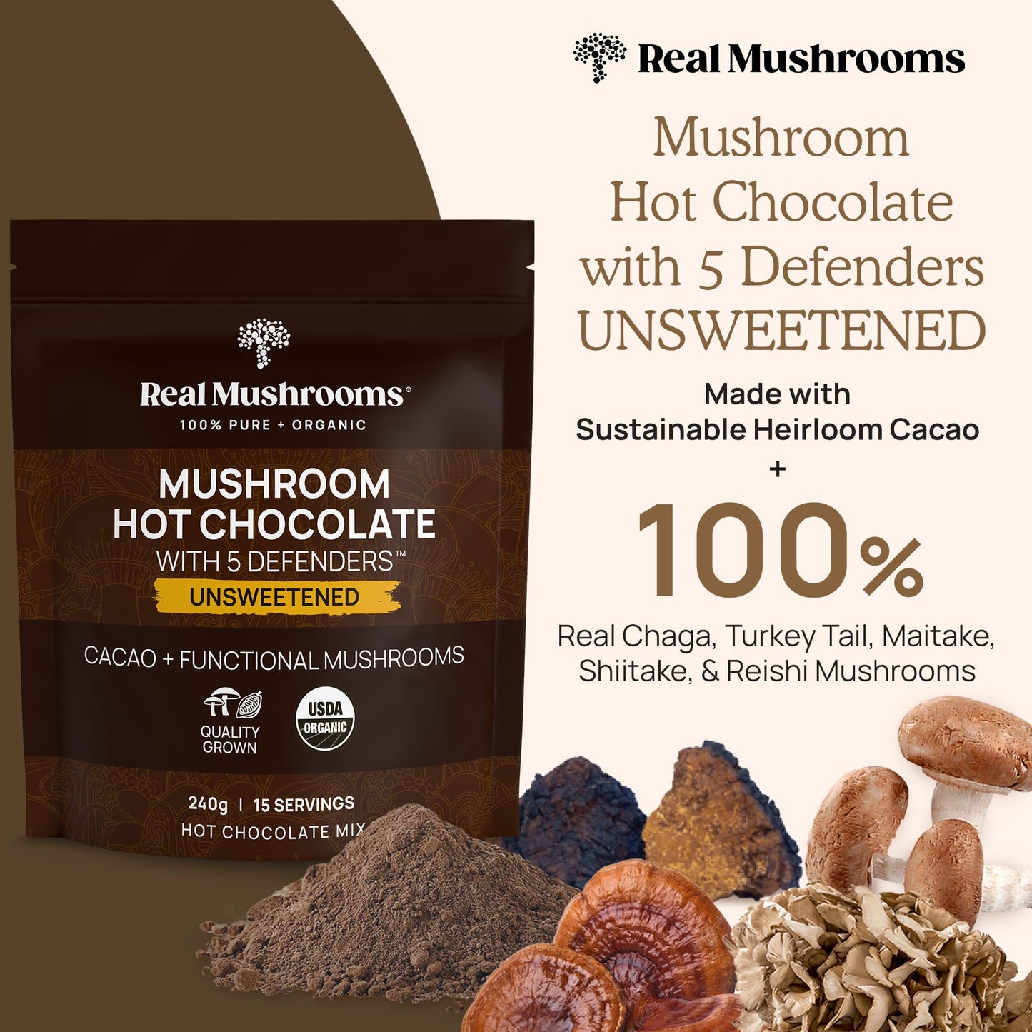 Real Mushrooms Organic Hot Chocolate Mix with 5 Mushroom Defenders, 8.4 Ounce, Vegan, Model 2334-RM-HCU240