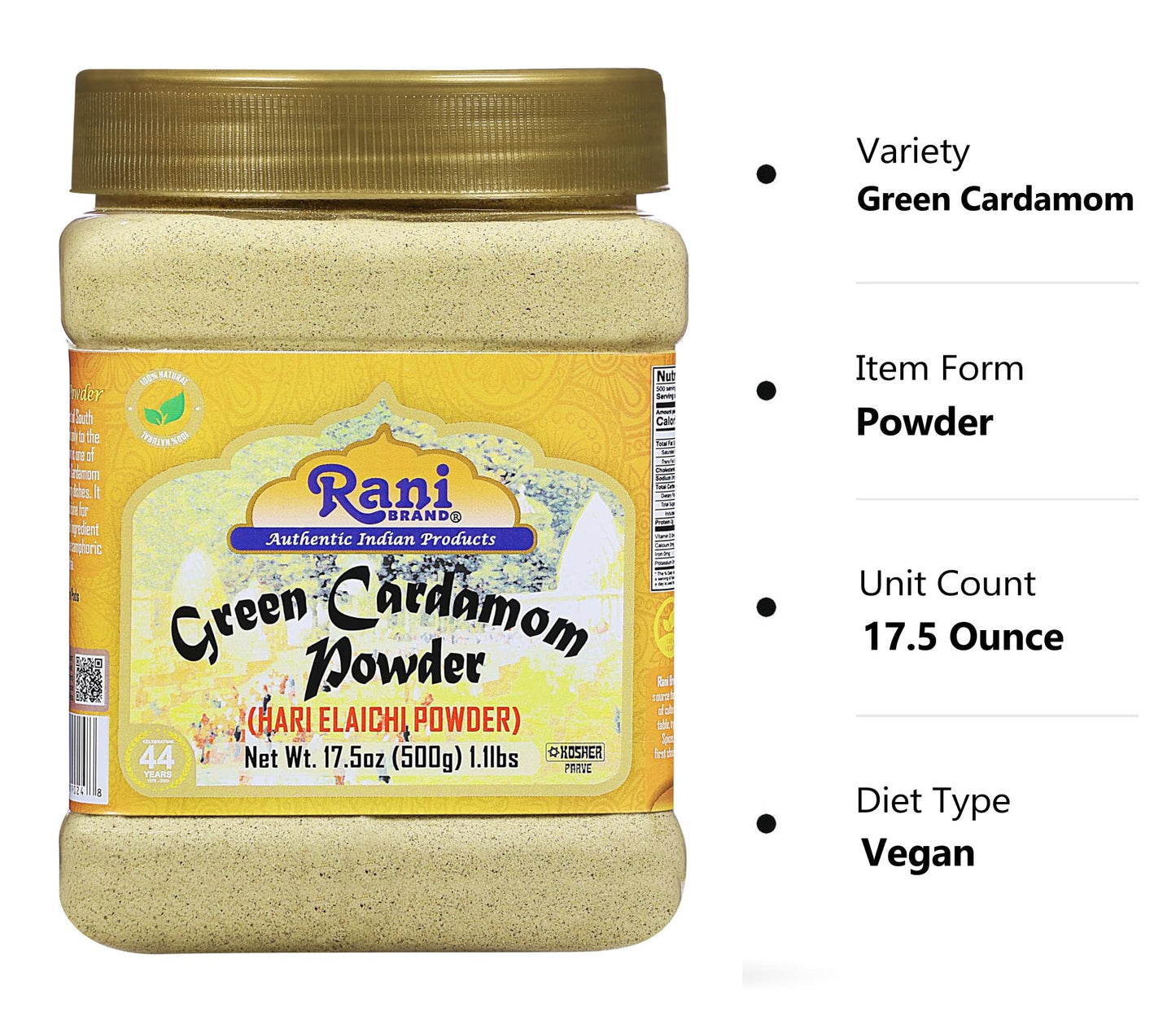 Rani Green Cardamom Pods Powder, All Natural, Vegan, 17.5oz (500g), Gluten Friendly, Non-GMO, Kosher, Product of India