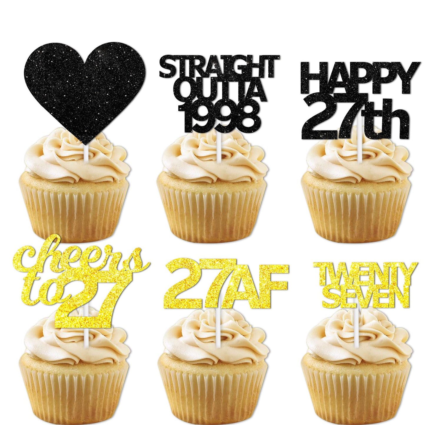 18pcs Black Gold Glitter Dessert Cupcake Pick for Straight Outta 1998 Cheer to 27 Years Old Theme Decor Supplies Happy 27th Birt