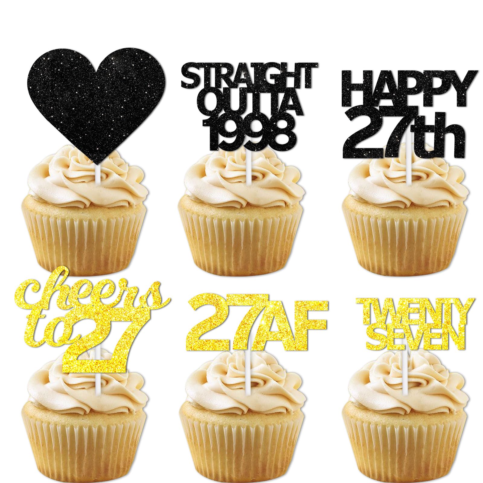 18pcs Black Gold Glitter Dessert Cupcake Pick for Straight Outta 1998 Cheer to 27 Years Old Theme Decor Supplies Happy 27th Birt