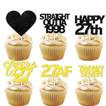 18pcs Black Gold Glitter Dessert Cupcake Pick for Straight Outta 1998 Cheer to 27 Years Old Theme Decor Supplies Happy 27th Birt