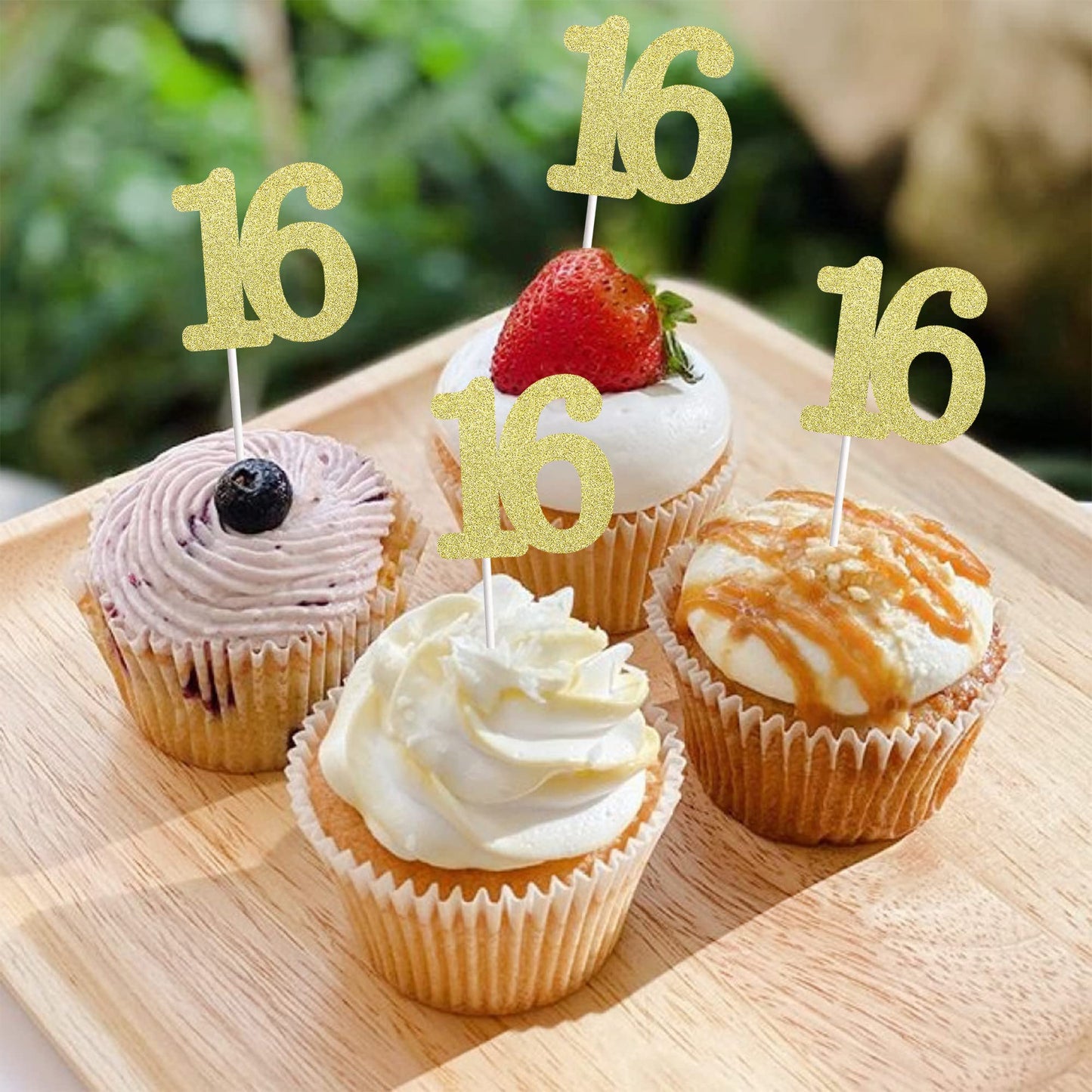 Sumerk 24PCS Number 16 Cupcake toppers Gold Glitter 16th Birthday Cupcake Picks Anniversary Party Decorations