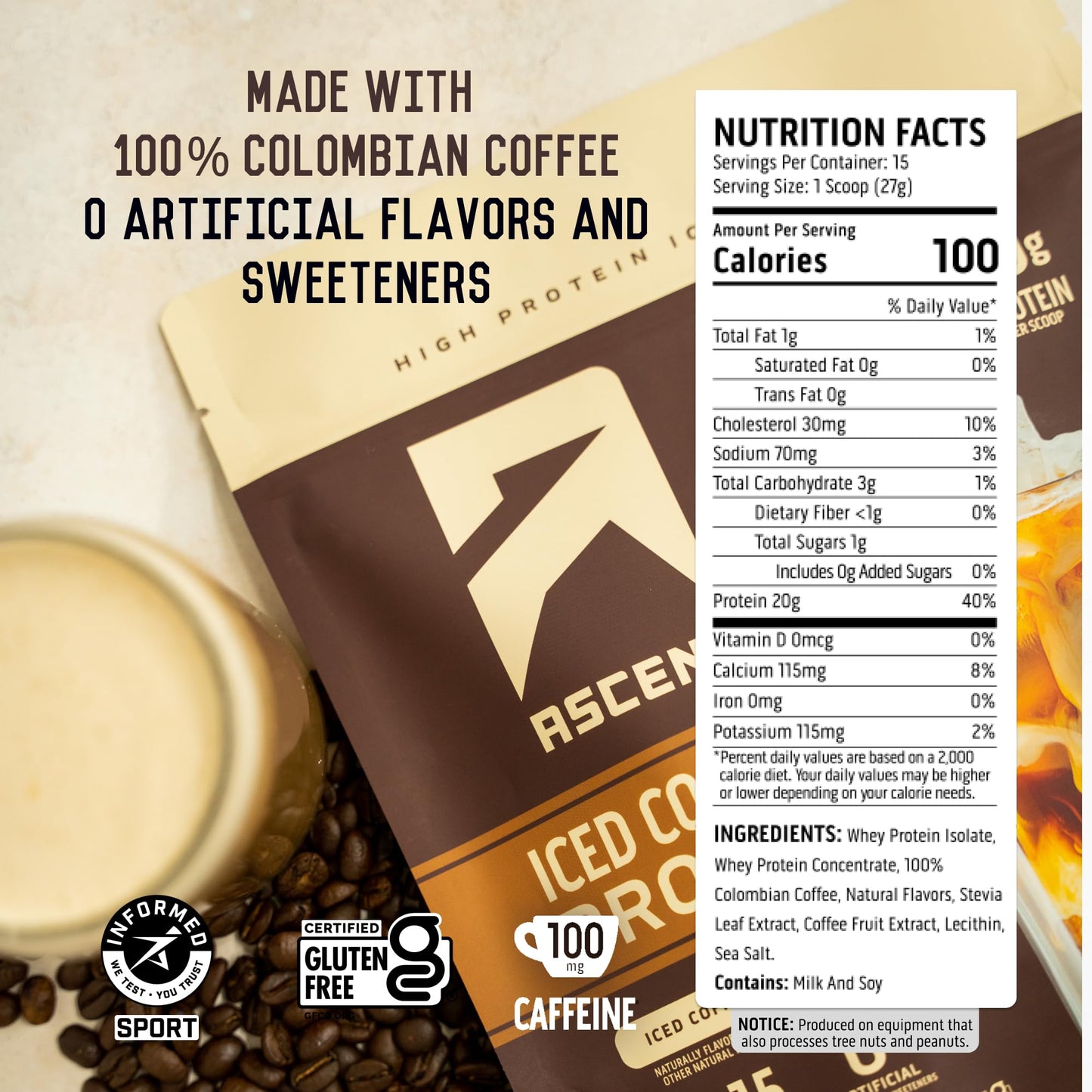 Ascent Iced Coffee Protein Powder - 20g Protein, 100mg Caffeine, 14.3 oz, Zero Artificial Flavors & Sweeteners