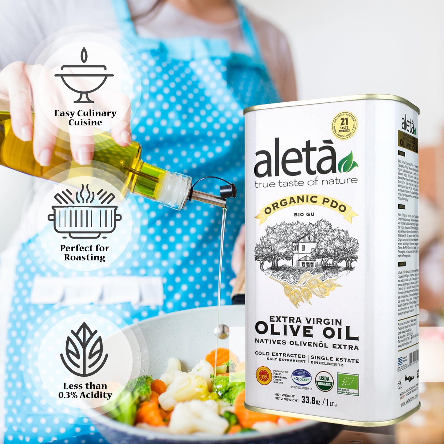 Aleta, Usda Organic Greek Extra Virgin Olive Oil, Eu Certified Single Estate Pdo Greece, 1 Lt (33.8 Oz.) Tin, Kosher Ek, Pack Of