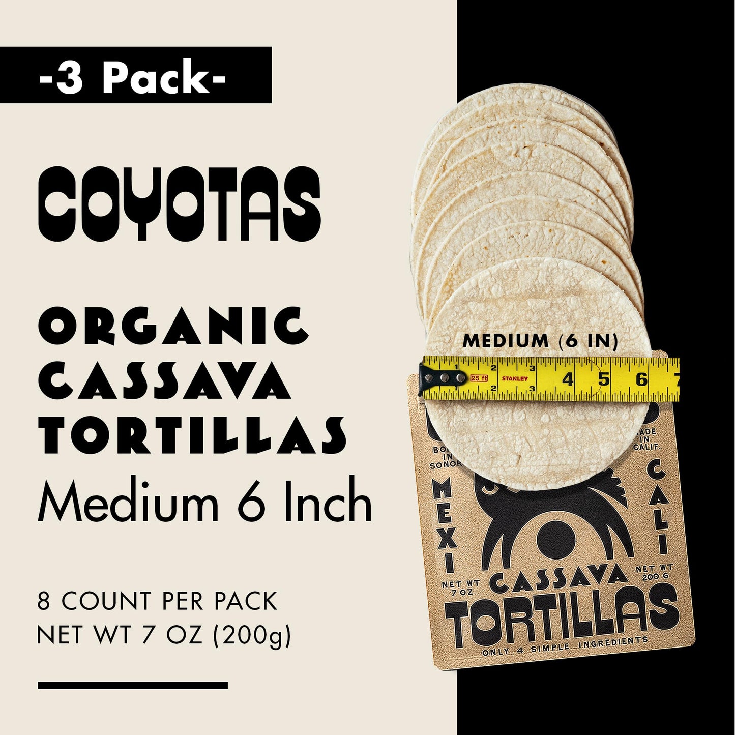 Coyotas Organic Cassava Tortillas - Grain-Free, Gluten-Free, Vegan, Paleo, Medium 6 Inch, 24 Tortillas Total (3 Packs)